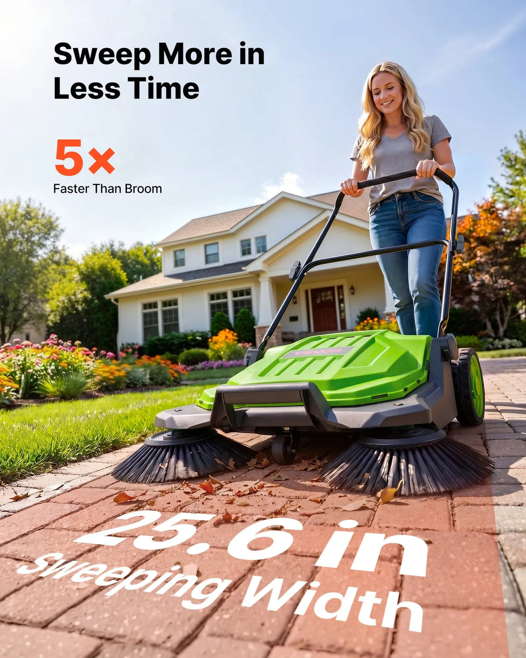 VEVOR Hand Push Floor Sweeper, 25.6 in Walk-Behind Manual Floor Sweeper with 5-Gallon Waste Container, Non-Electric Yard Sweeper, Adjustable Folding Handle for Sidewalks, Garages, Patios & Driveways, Green