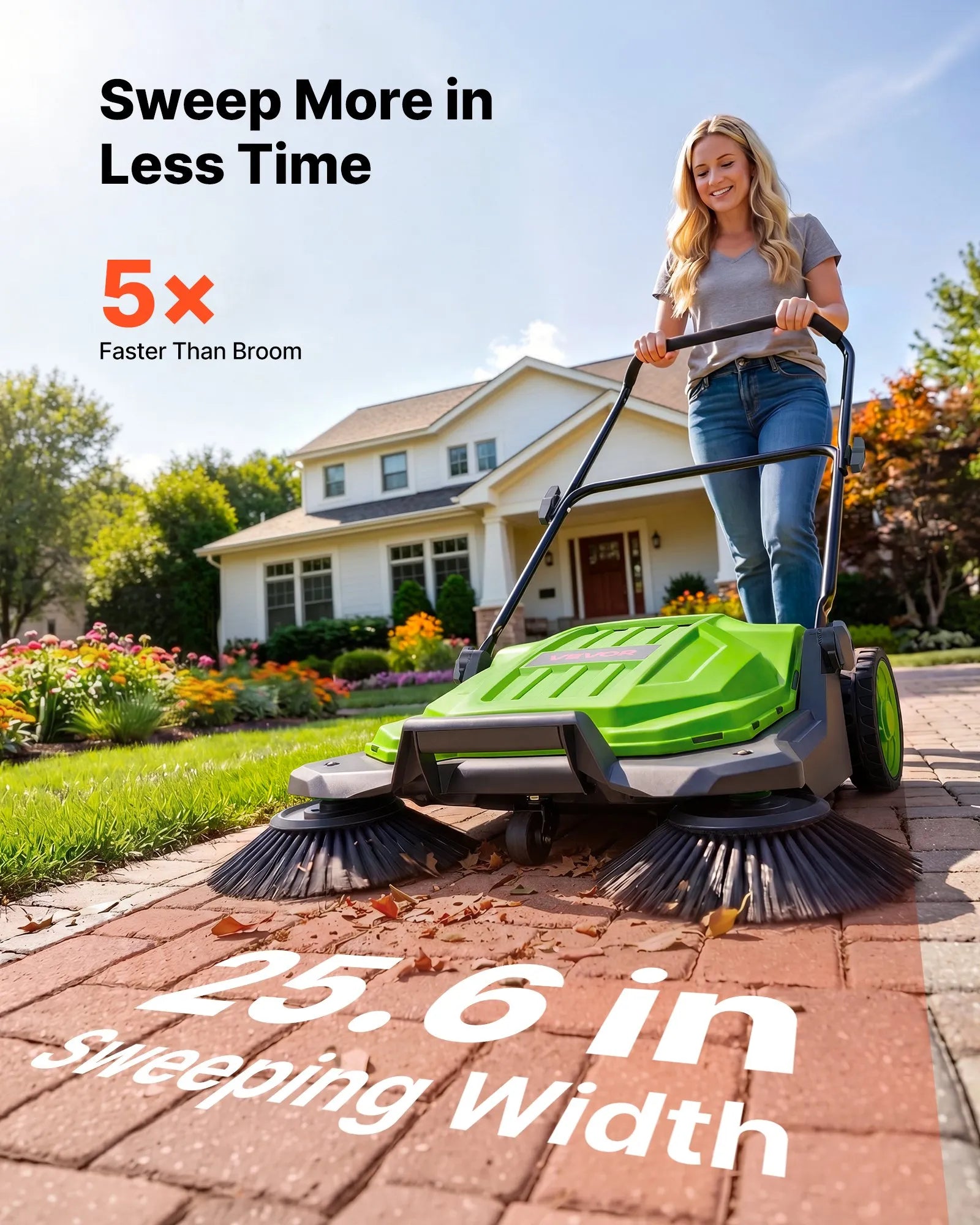 VEVOR Hand Push Floor Sweeper, 25.6 in Walk-Behind Manual Floor Sweeper with 5-Gallon Waste Container, Non-Electric Yard Sweeper, Adjustable Folding Handle for Sidewalks, Garages, Patios & Driveways, Green