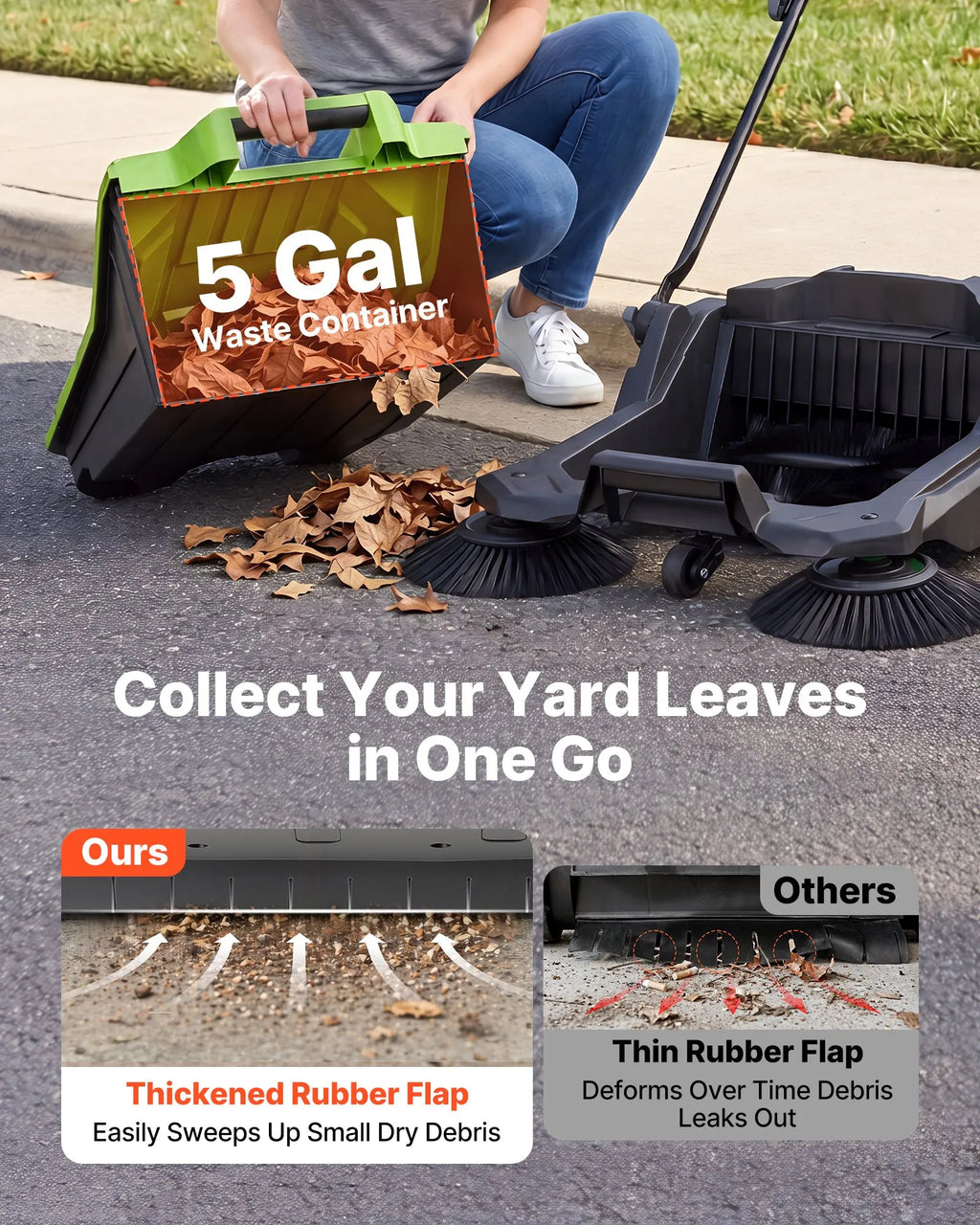 VEVOR Hand Push Floor Sweeper, 25.6 in Walk-Behind Manual Floor Sweeper with 5-Gallon Waste Container, Non-Electric Yard Sweeper, Adjustable Folding Handle for Sidewalks, Garages, Patios & Driveways, Green