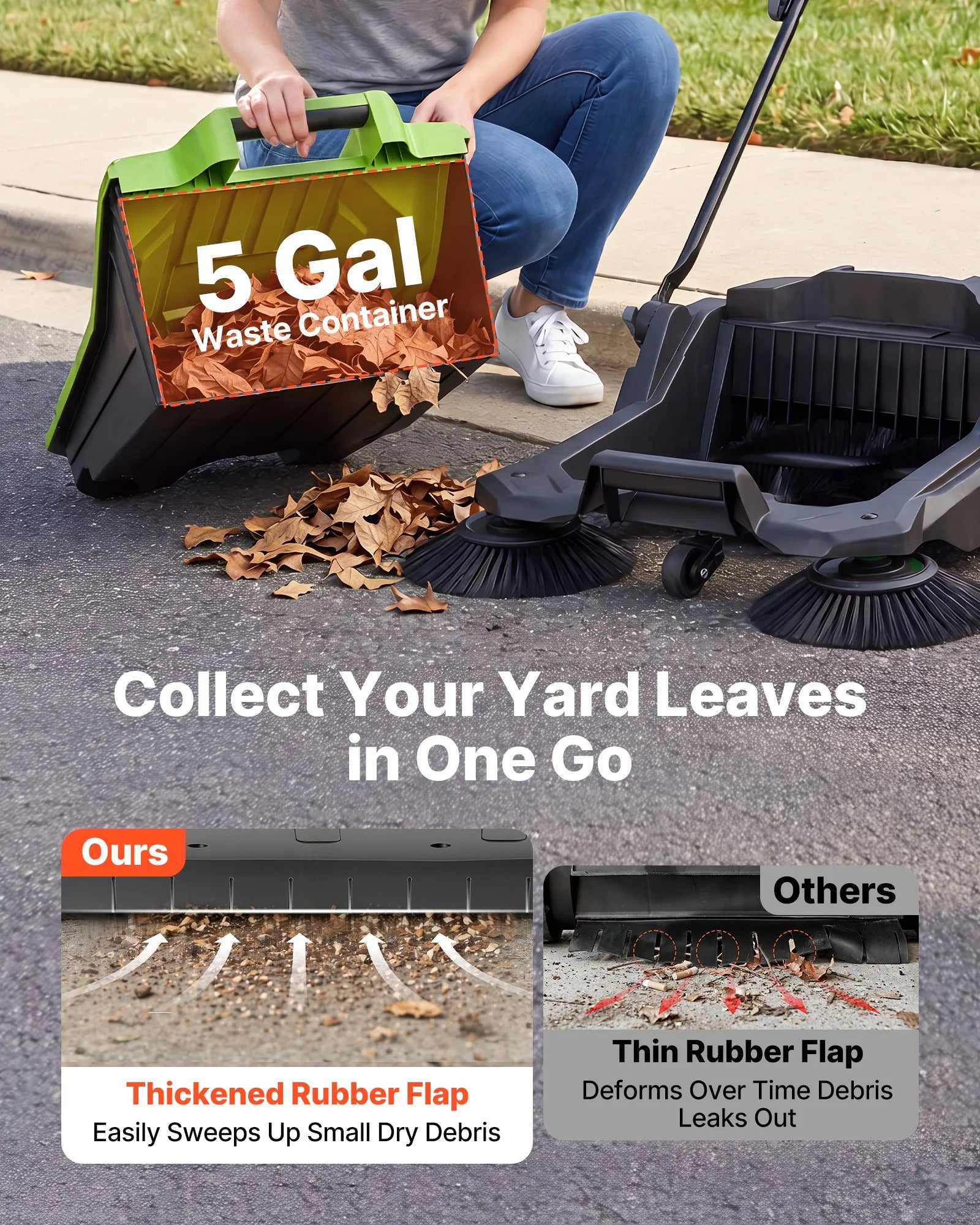 VEVOR Hand Push Floor Sweeper, 25.6 in Walk-Behind Manual Floor Sweeper with 5-Gallon Waste Container, Non-Electric Yard Sweeper, Adjustable Folding Handle for Sidewalks, Garages, Patios & Driveways, Green