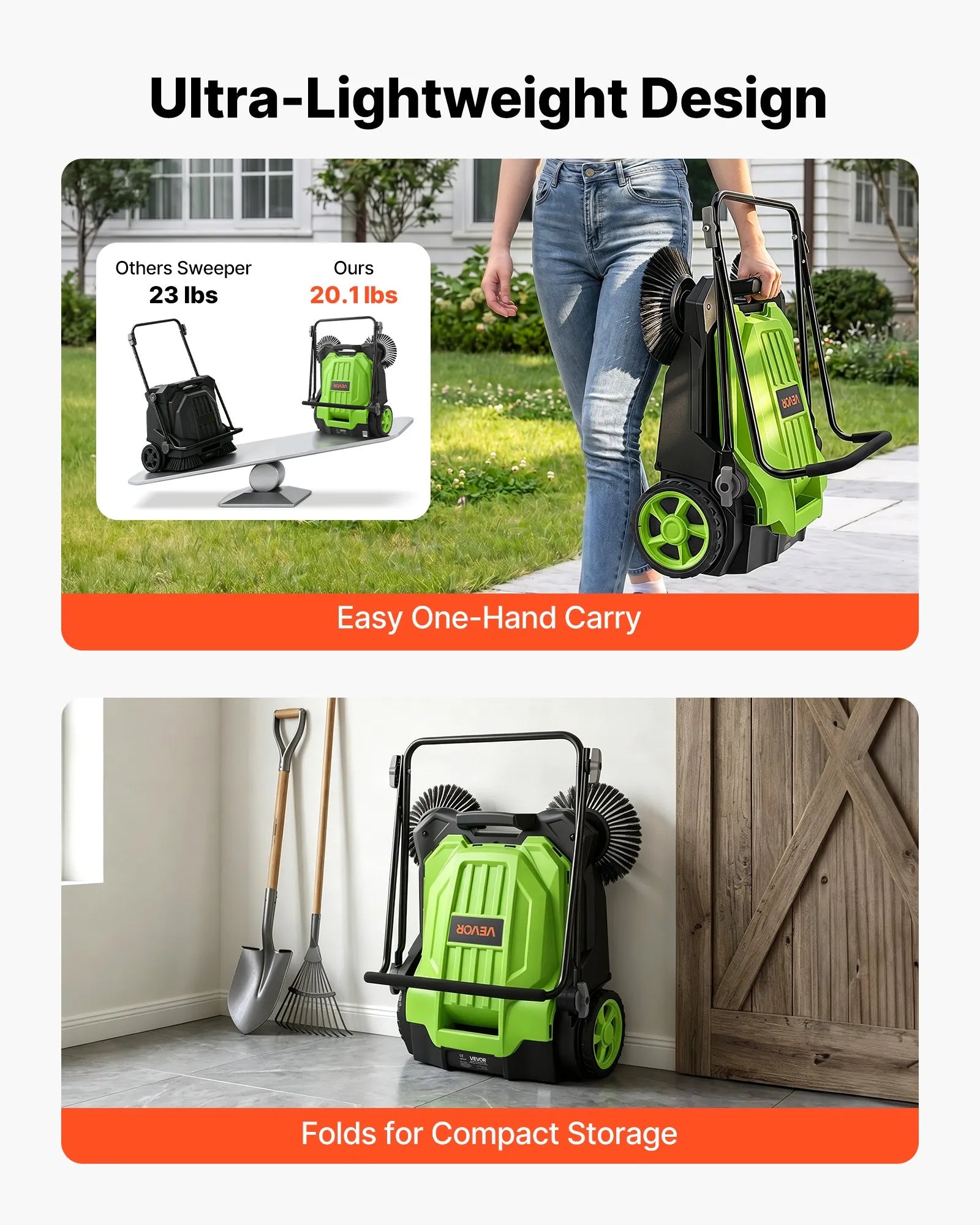 VEVOR Hand Push Floor Sweeper, 25.6 in Walk-Behind Manual Floor Sweeper with 5-Gallon Waste Container, Non-Electric Yard Sweeper, Adjustable Folding Handle for Sidewalks, Garages, Patios & Driveways, Green