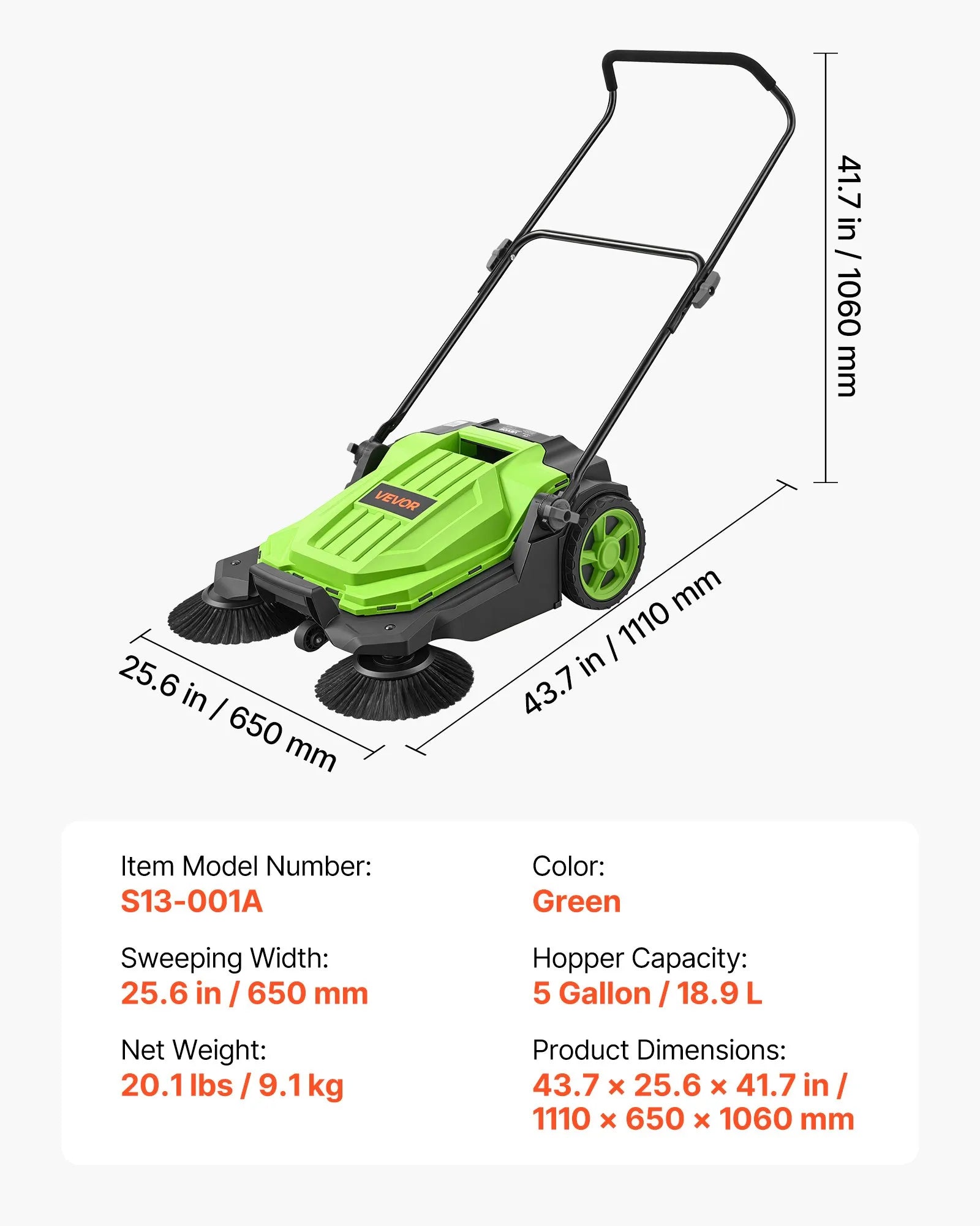VEVOR Hand Push Floor Sweeper, 25.6 in Walk-Behind Manual Floor Sweeper with 5-Gallon Waste Container, Non-Electric Yard Sweeper, Adjustable Folding Handle for Sidewalks, Garages, Patios & Driveways, Green