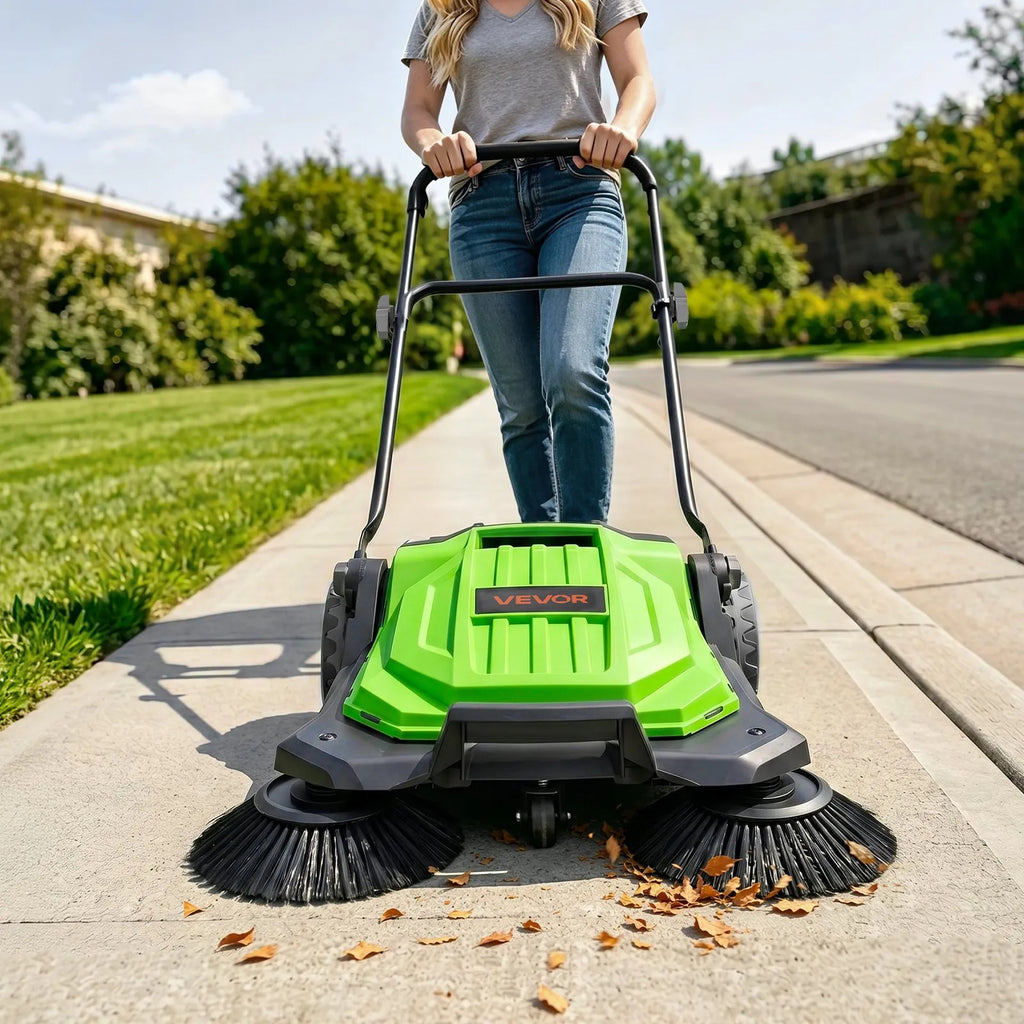 VEVOR Hand Push Floor Sweeper, 25.6 in Walk-Behind Manual Floor Sweeper with 5-Gallon Waste Container, Non-Electric Yard Sweeper, Adjustable Folding Handle for Sidewalks, Garages, Patios & Driveways, Green