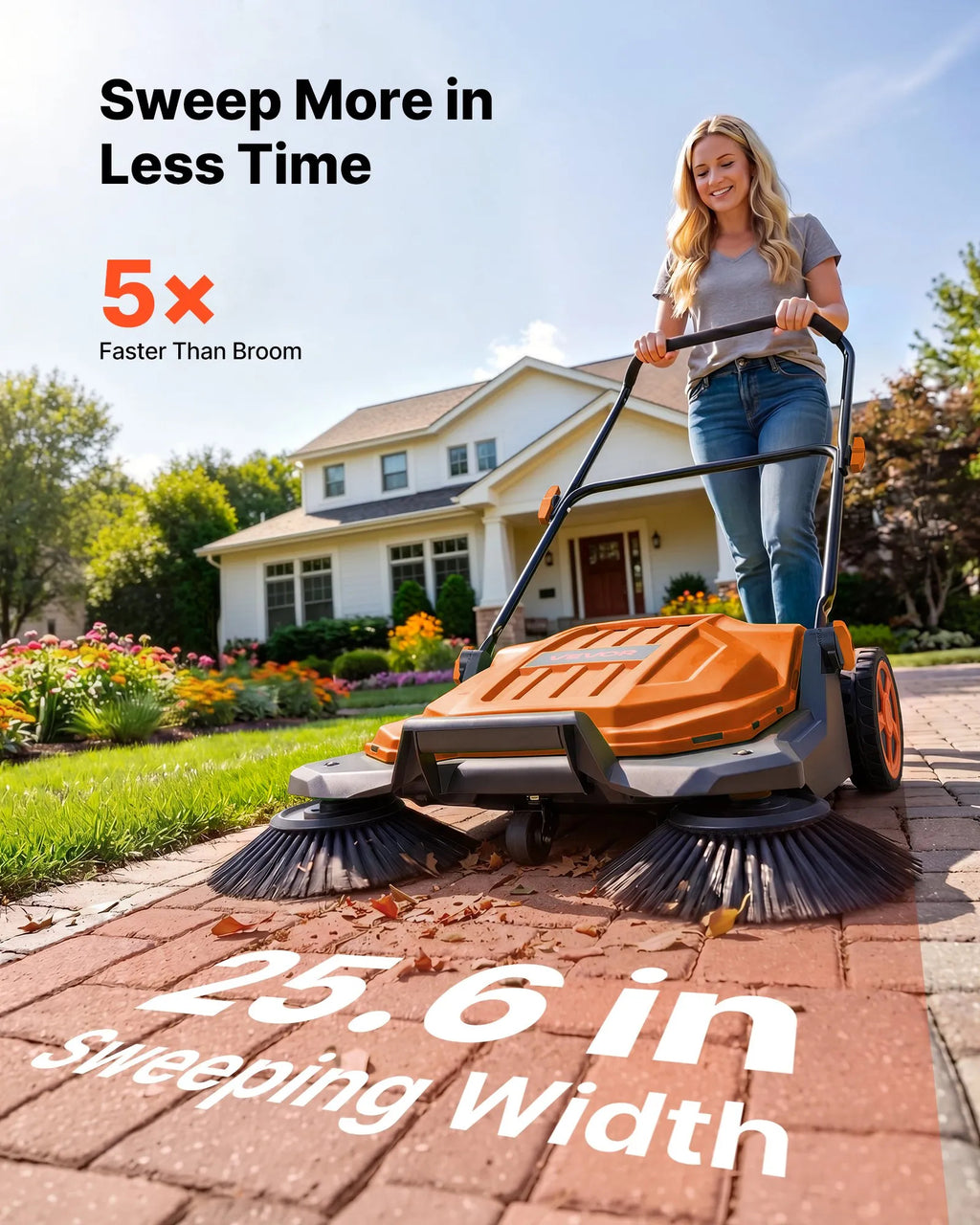 VEVOR Hand Push Floor Sweeper, 25.6 in Walk-Behind Manual Floor Sweeper with 5-Gallon Waste Container, Non-Electric Yard Sweeper, Adjustable Folding Handle for Sidewalks, Garages, Patios & Driveways, Orange