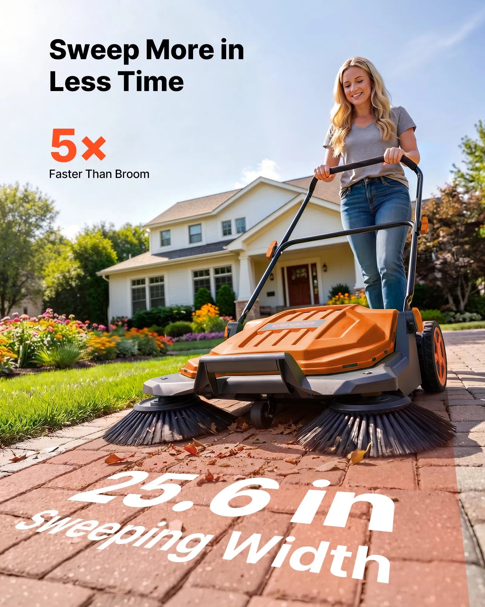 VEVOR Hand Push Floor Sweeper, 25.6 in Walk-Behind Manual Floor Sweeper with 5-Gallon Waste Container, Non-Electric Yard Sweeper, Adjustable Folding Handle for Sidewalks, Garages, Patios & Driveways, Orange