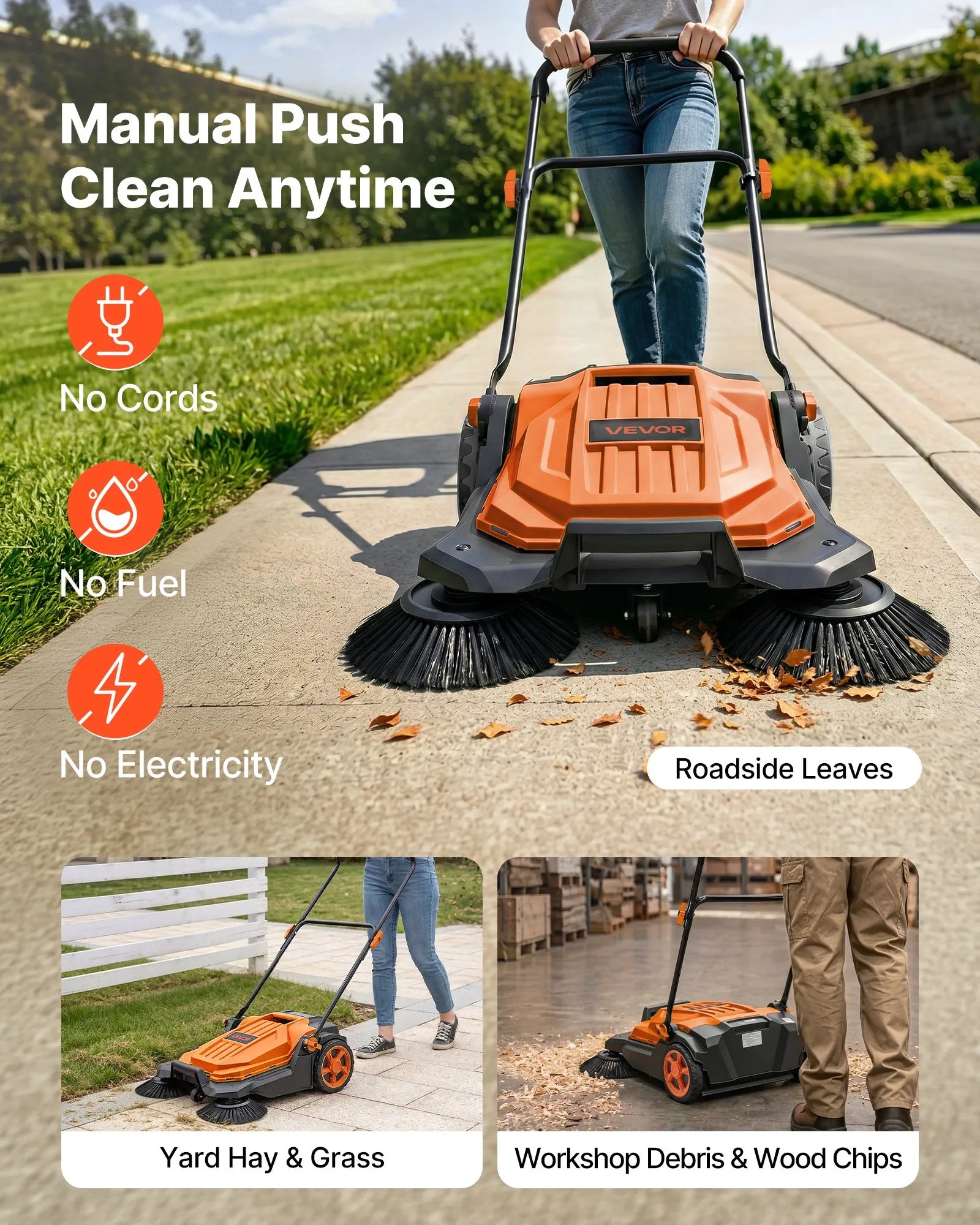 VEVOR Hand Push Floor Sweeper, 25.6 in Walk-Behind Manual Floor Sweeper with 5-Gallon Waste Container, Non-Electric Yard Sweeper, Adjustable Folding Handle for Sidewalks, Garages, Patios & Driveways, Orange
