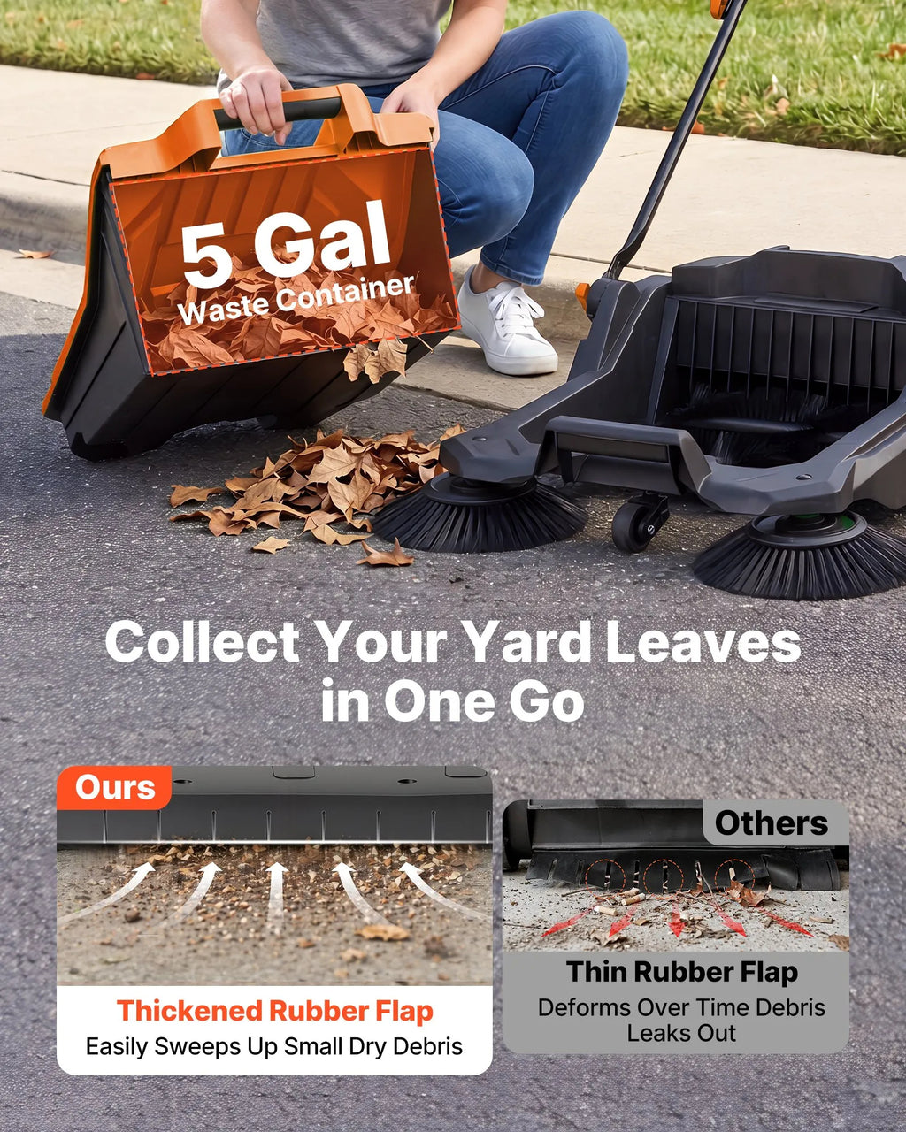 VEVOR Hand Push Floor Sweeper, 25.6 in Walk-Behind Manual Floor Sweeper with 5-Gallon Waste Container, Non-Electric Yard Sweeper, Adjustable Folding Handle for Sidewalks, Garages, Patios & Driveways, Orange