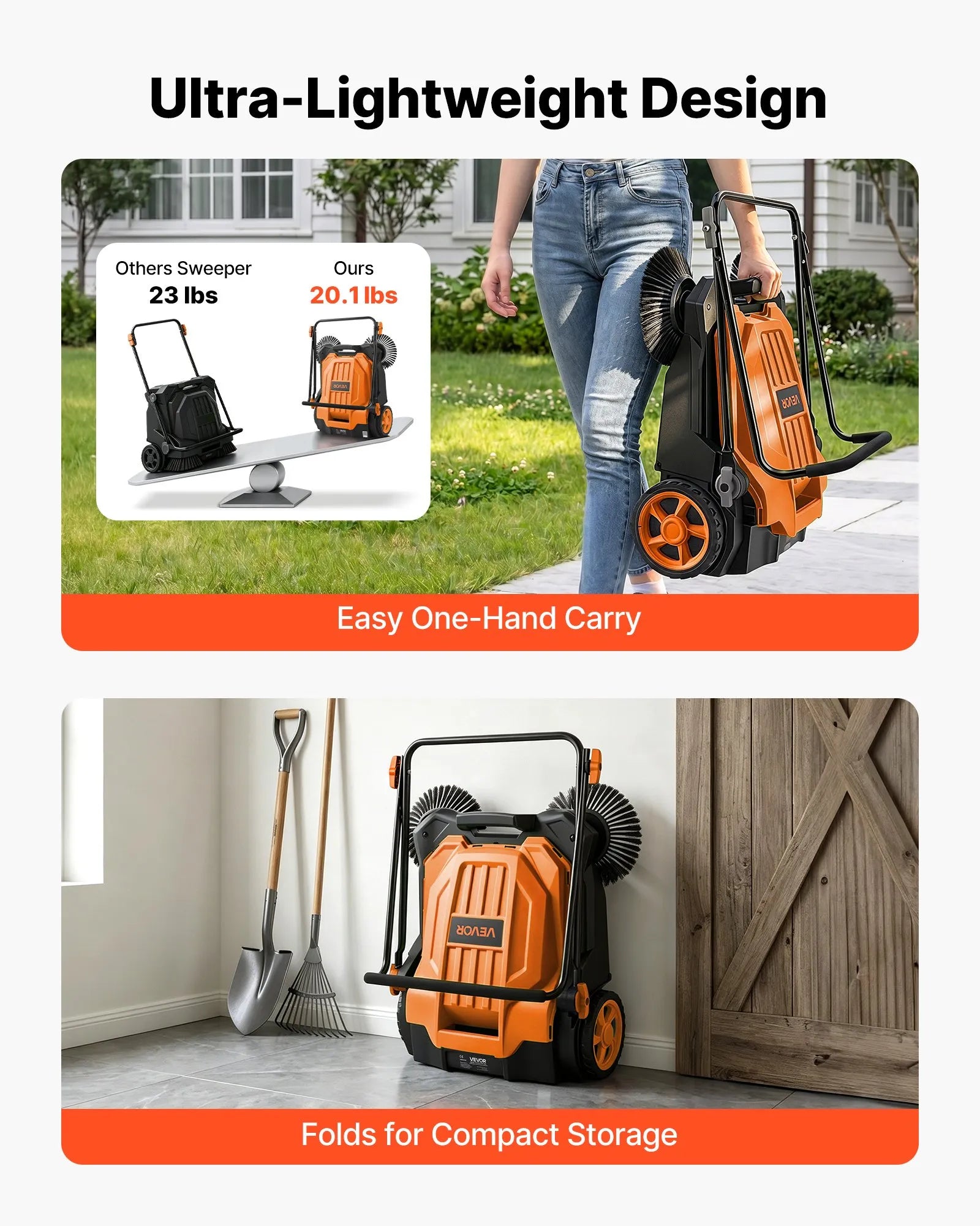 VEVOR Hand Push Floor Sweeper, 25.6 in Walk-Behind Manual Floor Sweeper with 5-Gallon Waste Container, Non-Electric Yard Sweeper, Adjustable Folding Handle for Sidewalks, Garages, Patios & Driveways, Orange