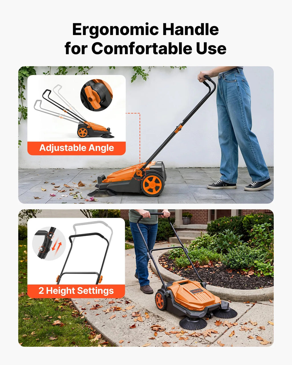 VEVOR Hand Push Floor Sweeper, 25.6 in Walk-Behind Manual Floor Sweeper with 5-Gallon Waste Container, Non-Electric Yard Sweeper, Adjustable Folding Handle for Sidewalks, Garages, Patios & Driveways, Orange