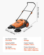 VEVOR Hand Push Floor Sweeper, 25.6 in Walk-Behind Manual Floor Sweeper with 5-Gallon Waste Container, Non-Electric Yard Sweeper, Adjustable Folding Handle for Sidewalks, Garages, Patios & Driveways, Orange