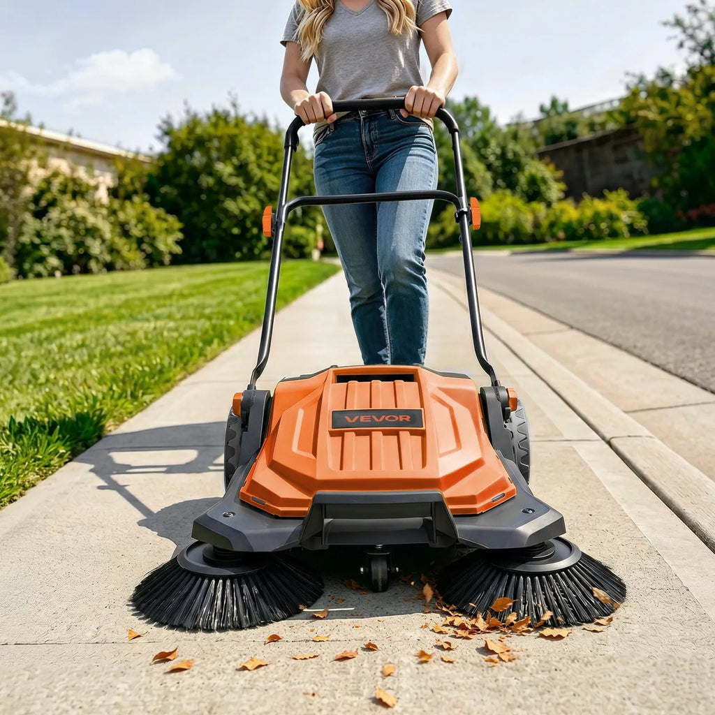 VEVOR Hand Push Floor Sweeper, 25.6 in Walk-Behind Manual Floor Sweeper with 5-Gallon Waste Container, Non-Electric Yard Sweeper, Adjustable Folding Handle for Sidewalks, Garages, Patios & Driveways, Orange