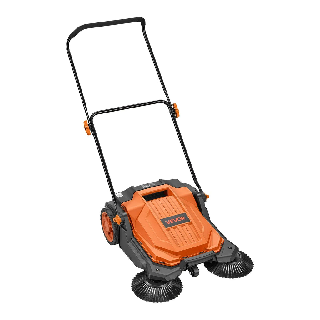 VEVOR Hand Push Floor Sweeper, 25.6 in Walk-Behind Manual Floor Sweeper with 5-Gallon Waste Container, Non-Electric Yard Sweeper, Adjustable Folding Handle for Sidewalks, Garages, Patios & Driveways, Orange