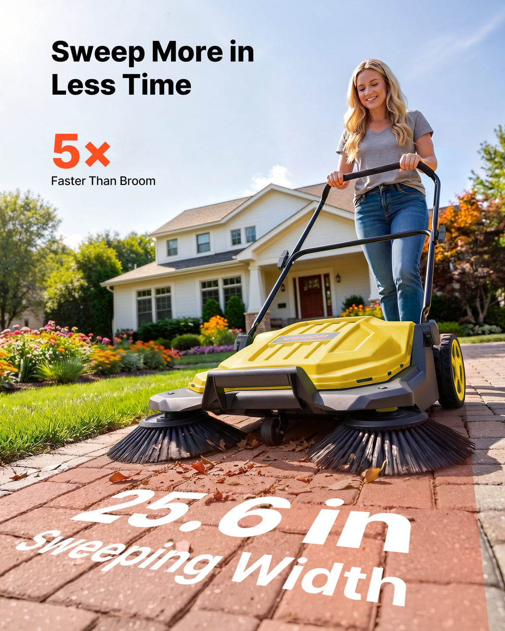 VEVOR Hand Push Floor Sweeper, 25.6 in Walk-Behind Manual Floor Sweeper with 5-Gallon Waste Container, Non-Electric Yard Sweeper, Adjustable Folding Handle for Sidewalks, Garages, Patios & Driveways, Yellow