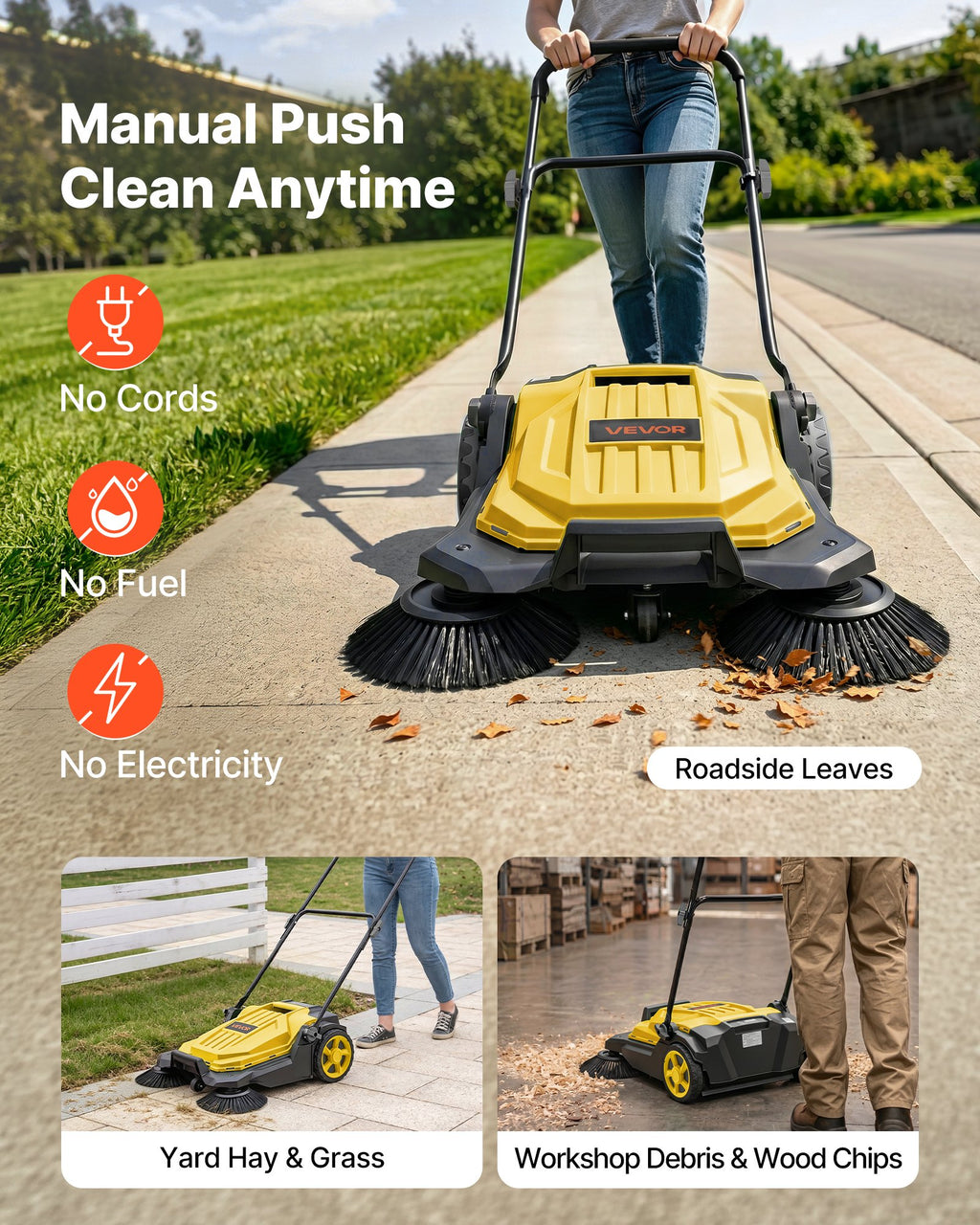 VEVOR Hand Push Floor Sweeper, 25.6 in Walk-Behind Manual Floor Sweeper with 5-Gallon Waste Container, Non-Electric Yard Sweeper, Adjustable Folding Handle for Sidewalks, Garages, Patios & Driveways, Yellow