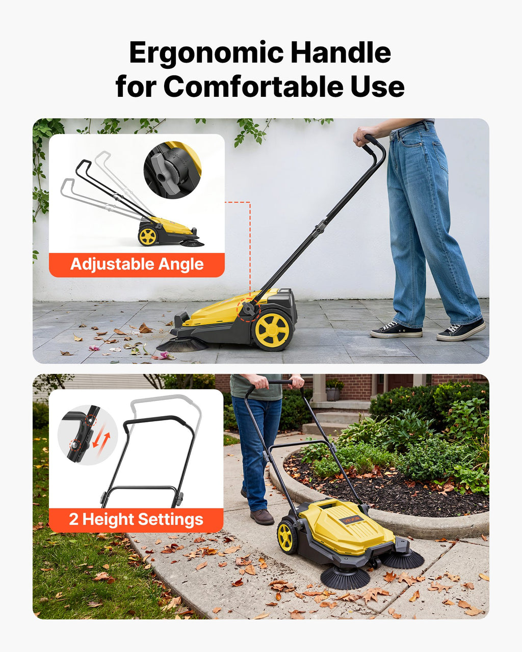 VEVOR Hand Push Floor Sweeper, 25.6 in Walk-Behind Manual Floor Sweeper with 5-Gallon Waste Container, Non-Electric Yard Sweeper, Adjustable Folding Handle for Sidewalks, Garages, Patios & Driveways, Yellow