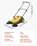 VEVOR Hand Push Floor Sweeper, 25.6 in Walk-Behind Manual Floor Sweeper with 5-Gallon Waste Container, Non-Electric Yard Sweeper, Adjustable Folding Handle for Sidewalks, Garages, Patios & Driveways, Yellow