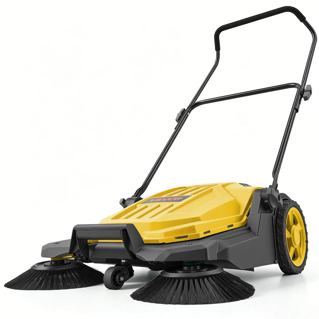 VEVOR Hand Push Floor Sweeper, 25.6 in Walk-Behind Manual Floor Sweeper with 5-Gallon Waste Container, Non-Electric Yard Sweeper, Adjustable Folding Handle for Sidewalks, Garages, Patios & Driveways, Yellow