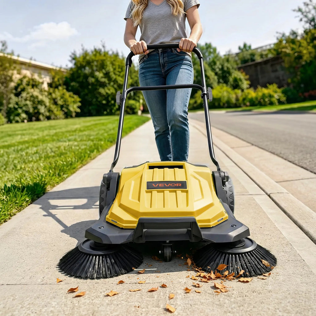 VEVOR Hand Push Floor Sweeper, 25.6 in Walk-Behind Manual Floor Sweeper with 5-Gallon Waste Container, Non-Electric Yard Sweeper, Adjustable Folding Handle for Sidewalks, Garages, Patios & Driveways, Yellow