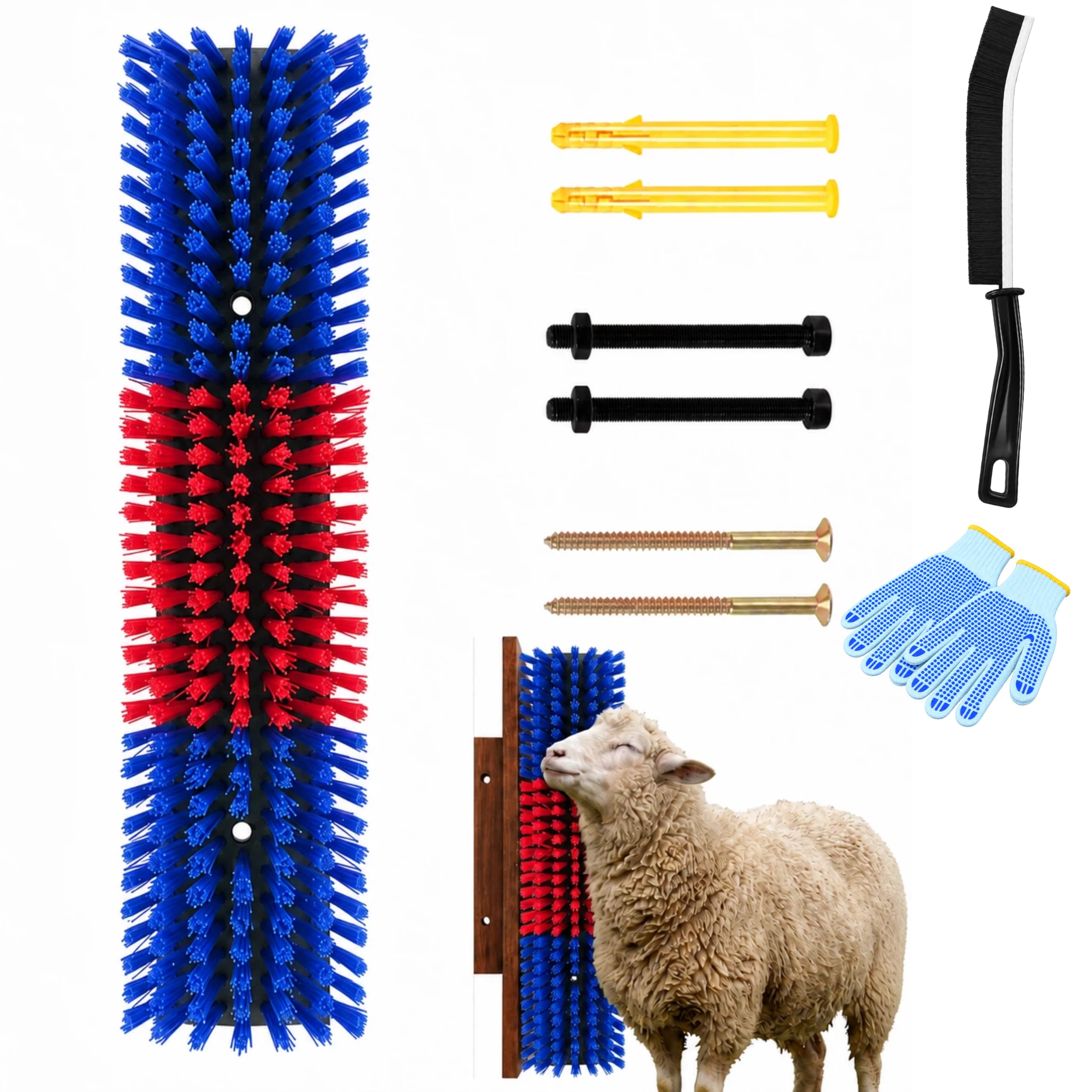 Leoxa livestock scratching brush kit in blue, red and blue