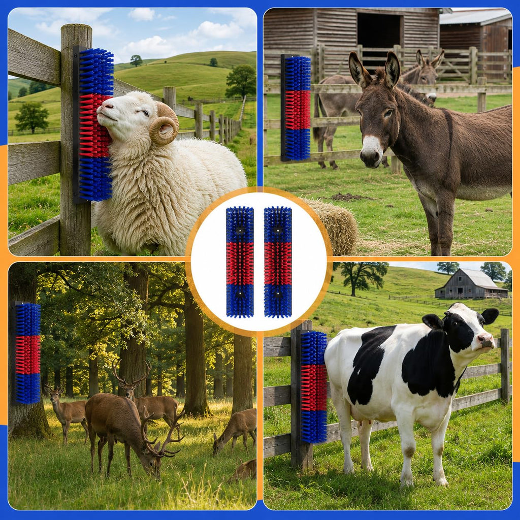Farm animals using a fence-mounted livestock scratching brush