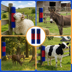 Farm animals using a fence-mounted livestock scratching brush