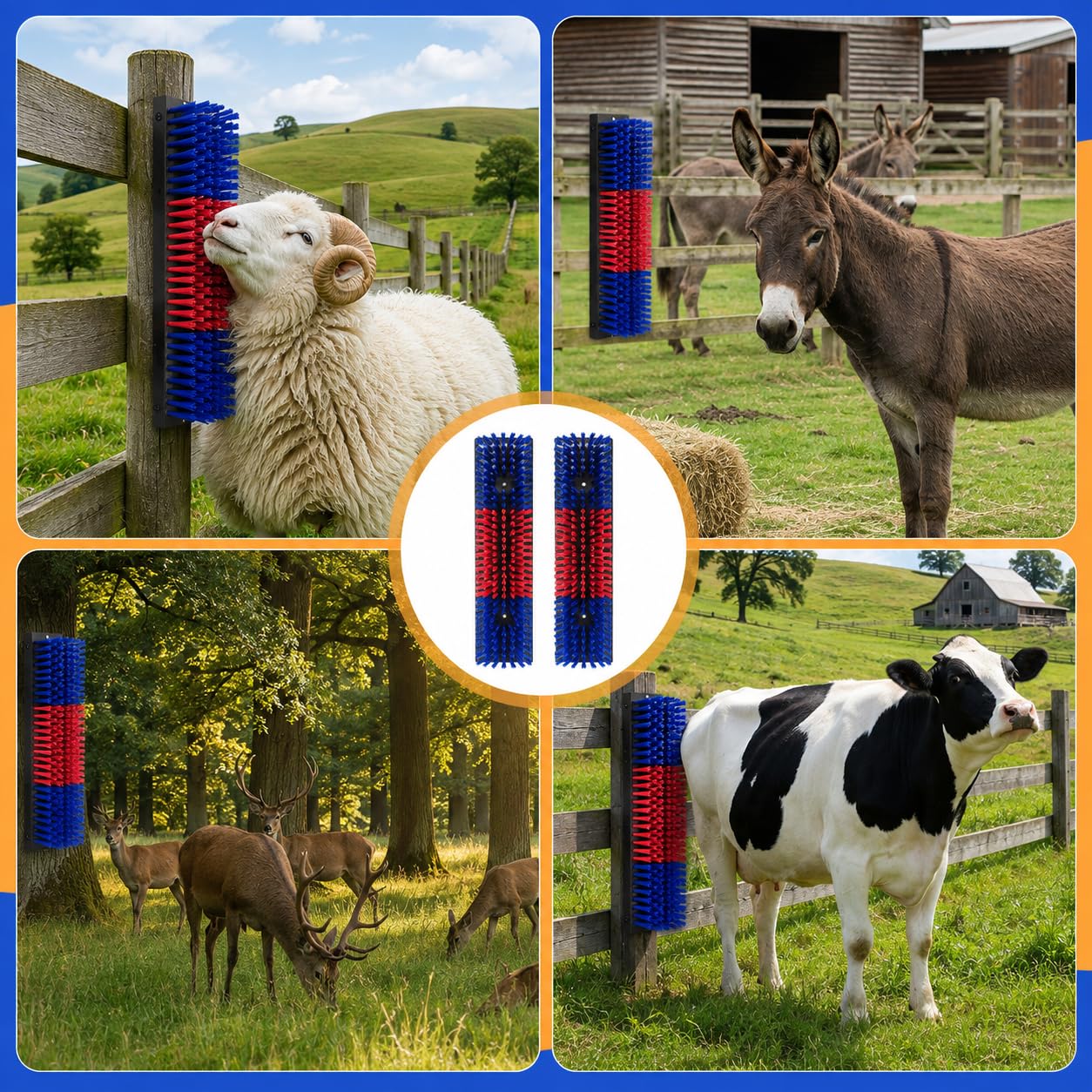 Farm animals using a fence-mounted livestock scratching brush