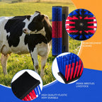 Cow using a wall-mounted livestock scratching brush with reinforced mounting