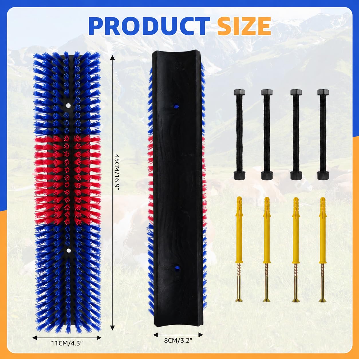 Small livestock scratching brush dimensions and mounting hardware